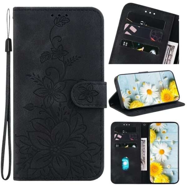 Funda de cuero color negro con colgantes para manos diseño de flores para Redmi 12 c 5G